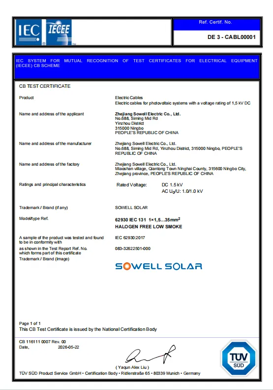 SOWELLSOLAR aurinkosähkökaapelit saavat TÜV SÜD IECEE-CB -sertifikaatin